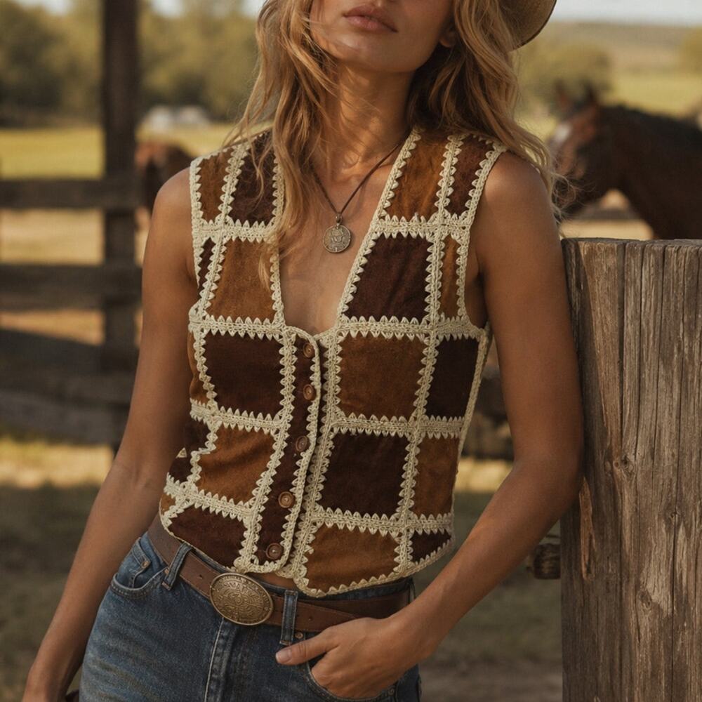 Vintage Patchwork Genuine Leather Suede Western Vest